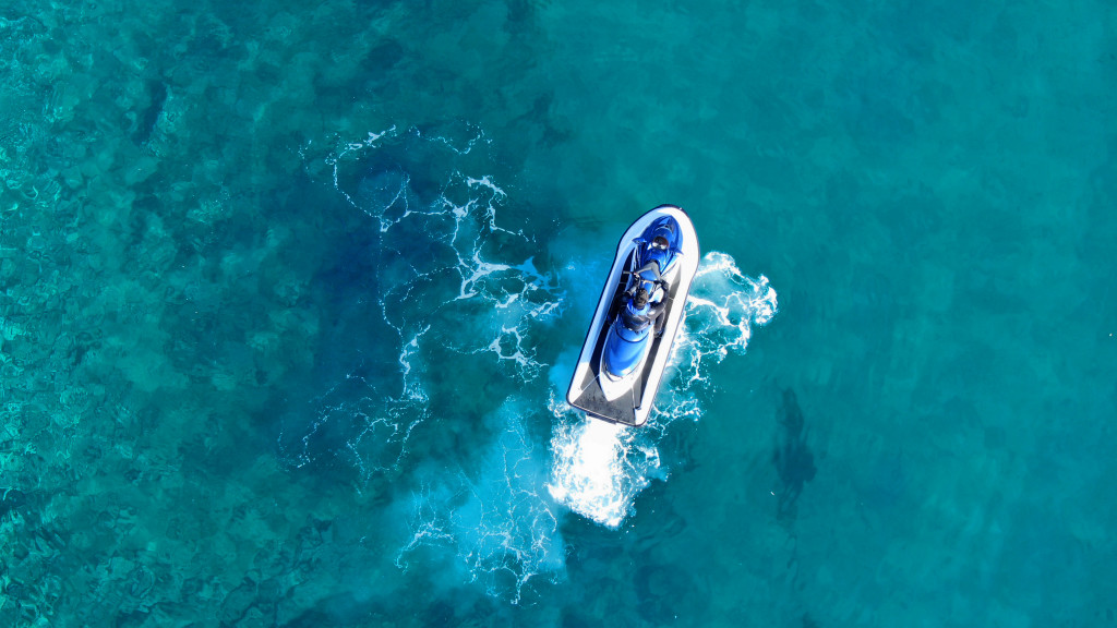 Aerial view of a jet ski in open waters
